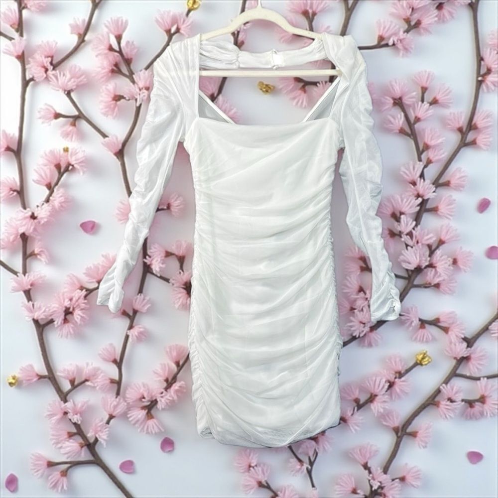 NWT us 4 Club L London White Ruched Mesh Long - Sleeved Mini Dress bodycon